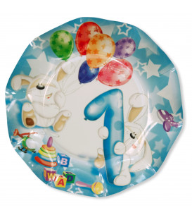 Piatti Piani di Carta Primo Compleanno Palloncini Celeste 21 cm