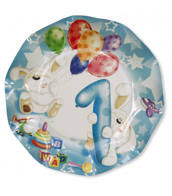 Piatti Piani di Carta Primo Compleanno Palloncini Celeste 21 cm