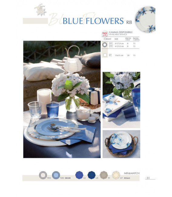 Piatti Piani di Carta a Righe Fiore Blu 27 cm
