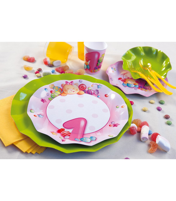 Piatti Piani di Carta Primo Compleanno Rosa 27 cm 2 confezioni