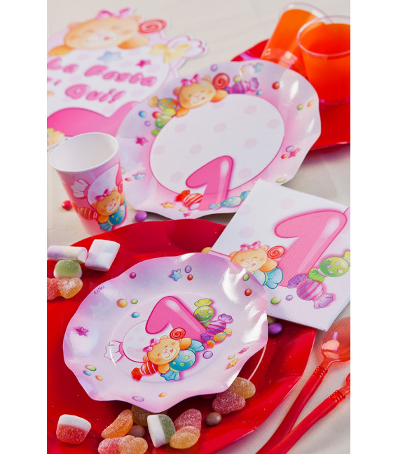 Piatti Piani di Carta Primo Compleanno Rosa 27 cm 2 confezioni