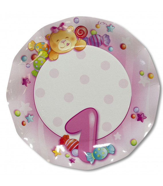 Piatti Piani di Carta Primo Compleanno Rosa 27 cm 2 confezioni